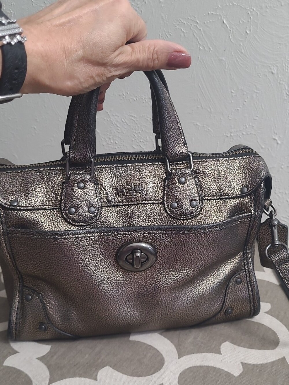 Coach Rhyder 24 Metallic Pewter Leather Satchel Handbag - Picture 12 of 16